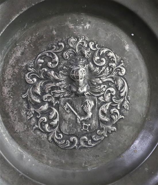 An 18th century Austro-German pewter dish, diameter 14in.